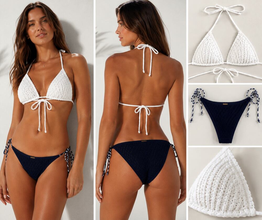 New Hollister Crochet Triangle Bikini Set Navy White Cheeky Size XXS